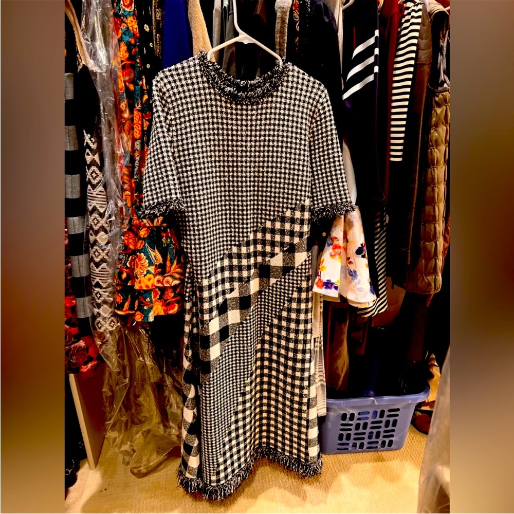 OSCAR DE LA RENTA Checked flared-hem woven midi dress US XL